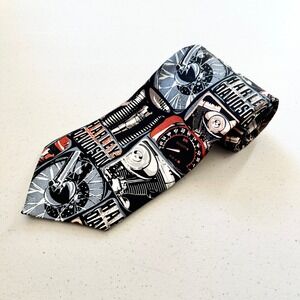 Vintage 2001 Harley Davidson Ralph‎ Marlin Silk Tie Mens Black Sketched Collage